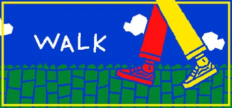 walk promotional illustration of two sneakers above a tiled path.