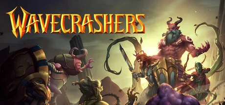 Fantasy fighters, including a large horned figure, around the Wavecrashers title.
