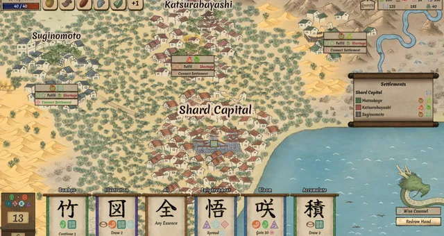 A hand-painted civilization map of settlements and rivers, with a deck of cards below.