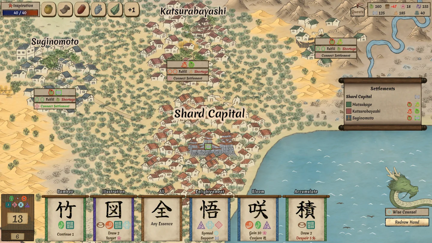 A hand-painted civilization map of settlements and rivers, with a deck of cards below.