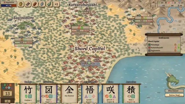 A hand-painted civilization map of settlements and rivers, with a deck of cards below.
