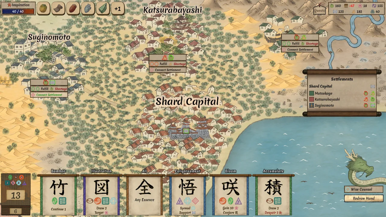 A hand-painted civilization map of settlements and rivers, with a deck of cards below.