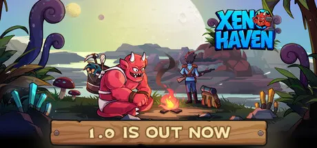 A red horned creature and travelers around a campfire below the XenoHaven logo.