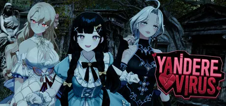 Three illustrated characters in a dark graveyard beside the Yandere Virus title.