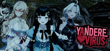 Three illustrated characters in a dark graveyard beside the Yandere Virus title.