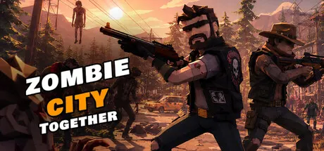 Zombie City Together promotional art of armed blocky characters in a ruined city.